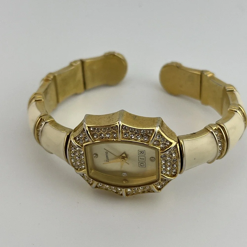 R.J. Graziano Watch Women Cream Enamel &‎ Crystals Gold Bangle- New Battery